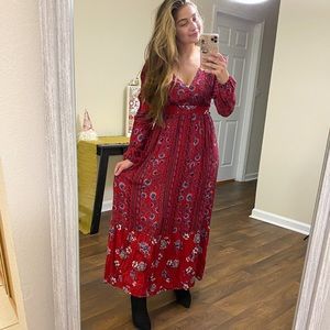 deep red floral print long sleeve v-neck maxi floor length dress
